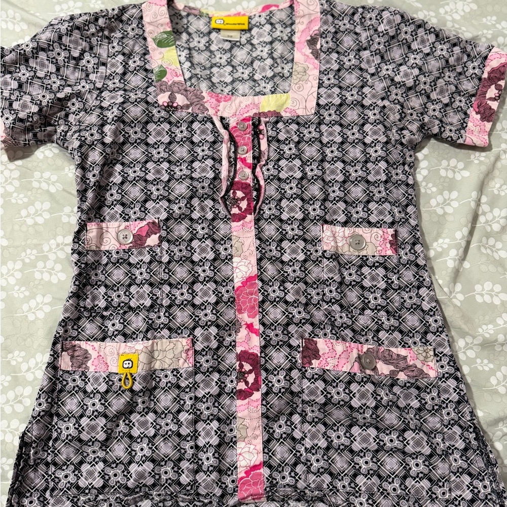 Wonder Wink Patterned Black and Pink Scrub Top